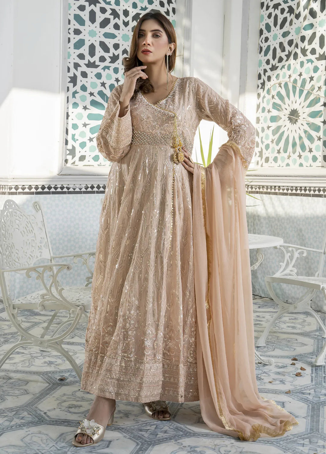 Mona Embroidery Pret Embroidered Chiffon 3 Piece Suit Aquamarine-Peach
