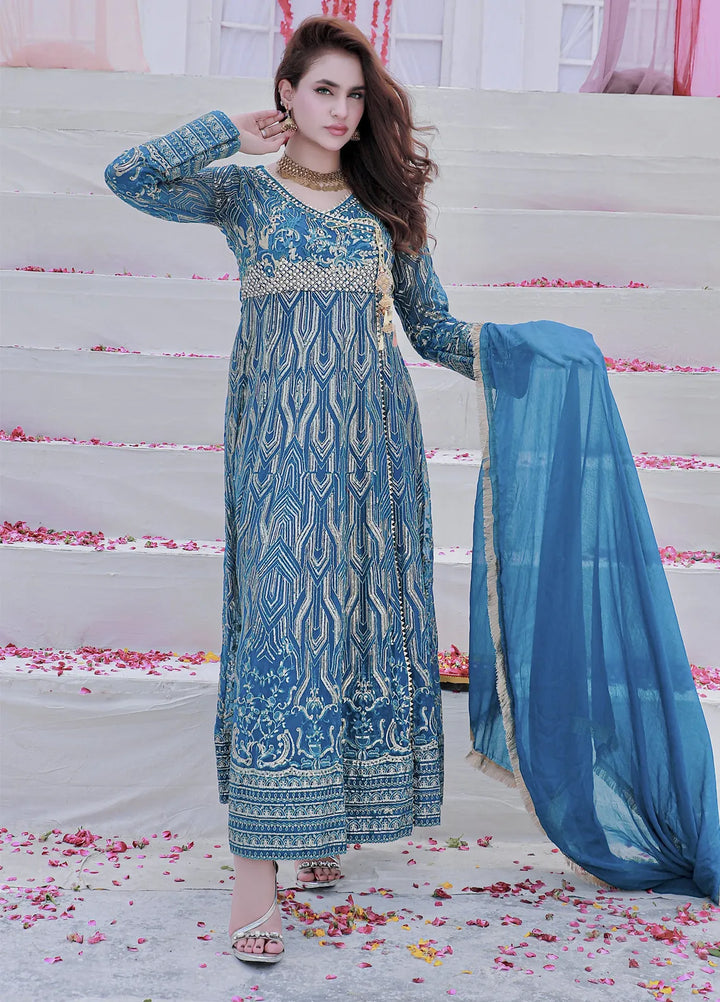 Mona Embroidery Pret Embroidered Chiffon 3 Piece Suit Aquamarine-Zinc-Blue