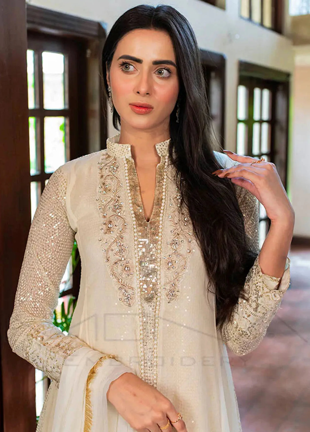 Mona Embroidery Pret Embroidered Chiffon 3 Piece Suit Artisan White