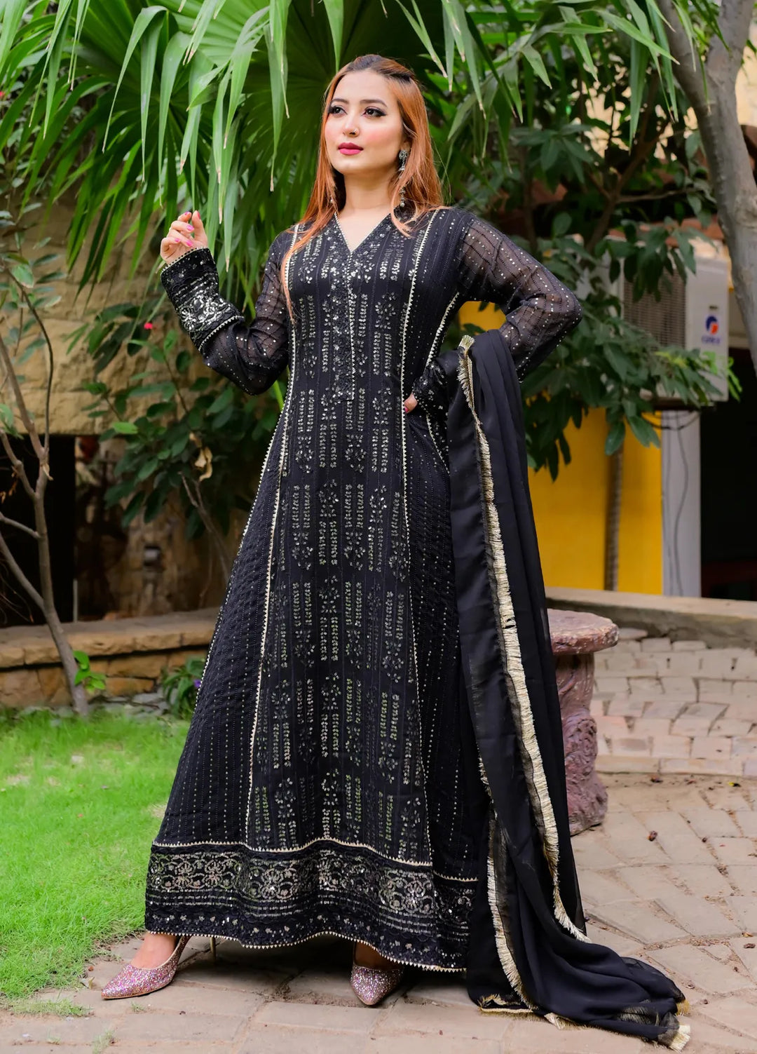 Mona Embroidery Pret Embroidered Chiffon 3 Piece Suit Cedar-Black