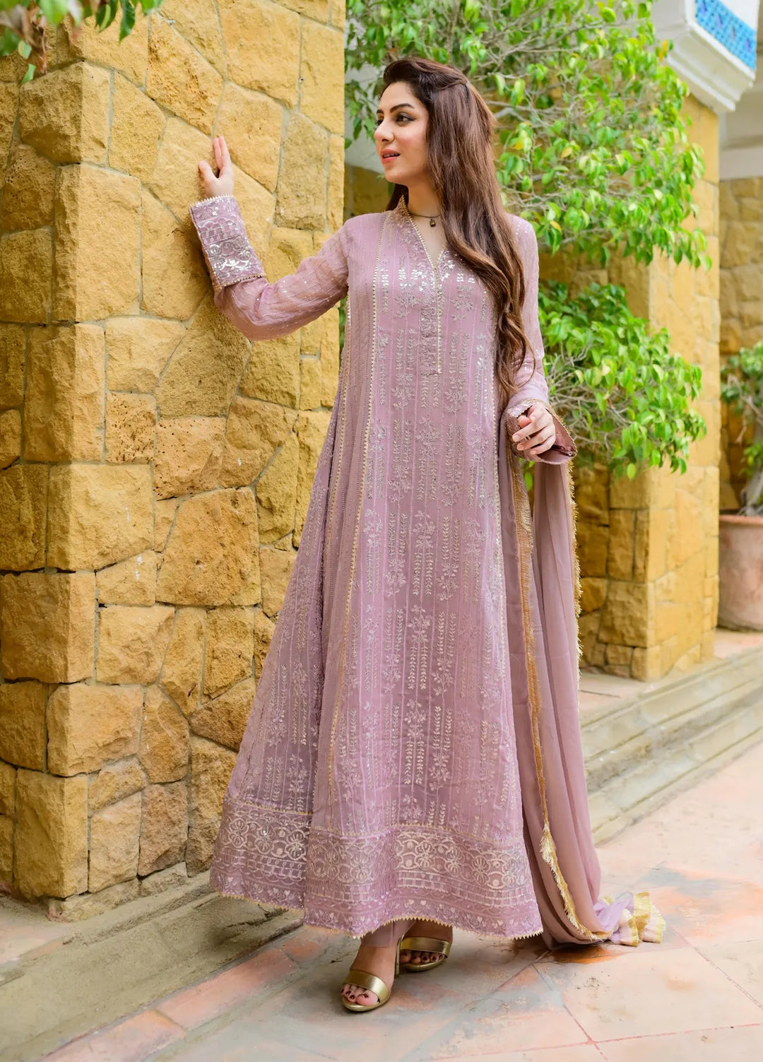 Mona Embroidery Pret Embroidered Chiffon 3 Piece Suit Cedar-Lilac
