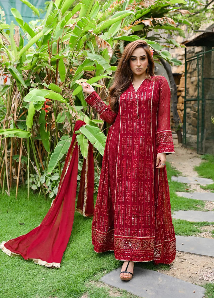 Mona Embroidery Pret Embroidered Chiffon 3 Piece Suit Cedar-Mehroon