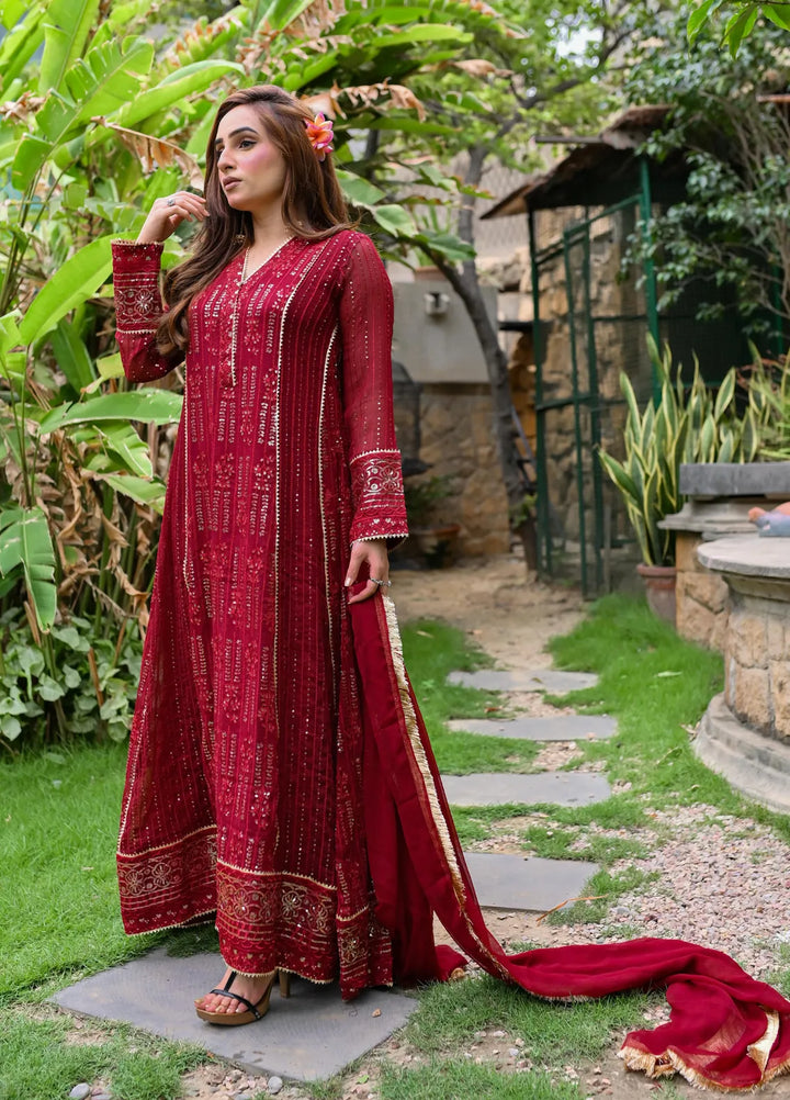 Mona Embroidery Pret Embroidered Chiffon 3 Piece Suit Cedar-Mehroon