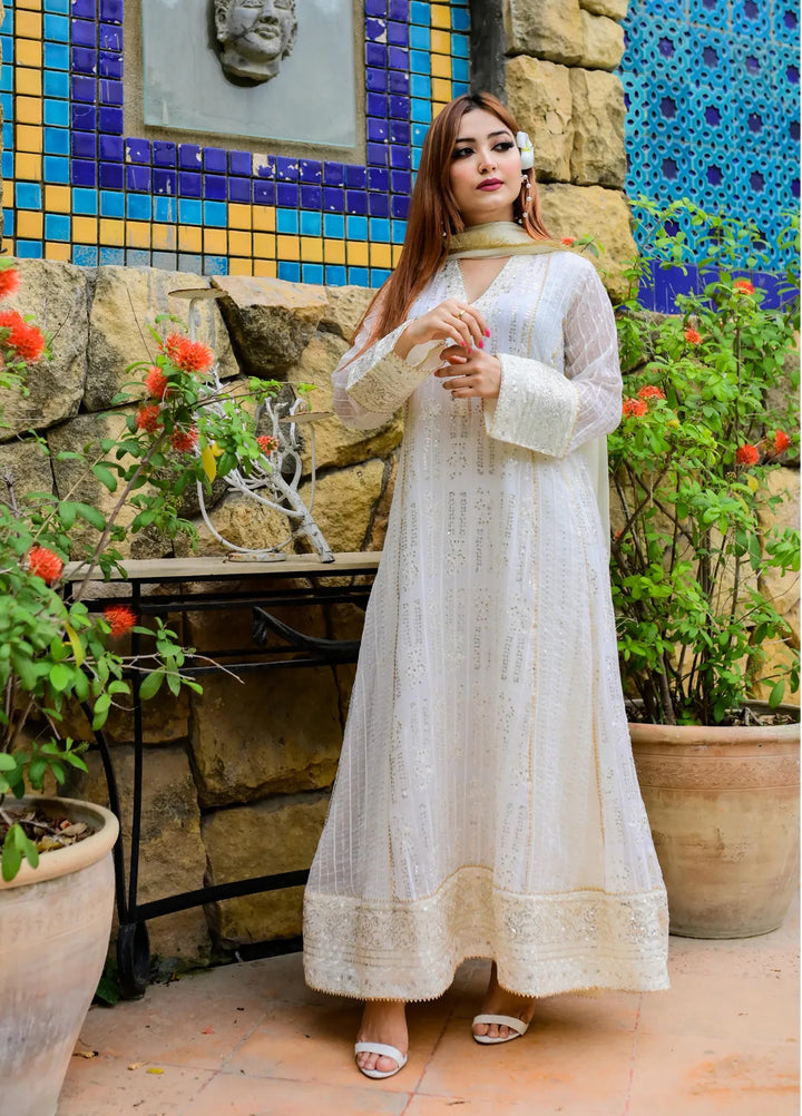 Mona Embroidery Pret Embroidered Chiffon 3 Piece Suit Cedar-Off-White