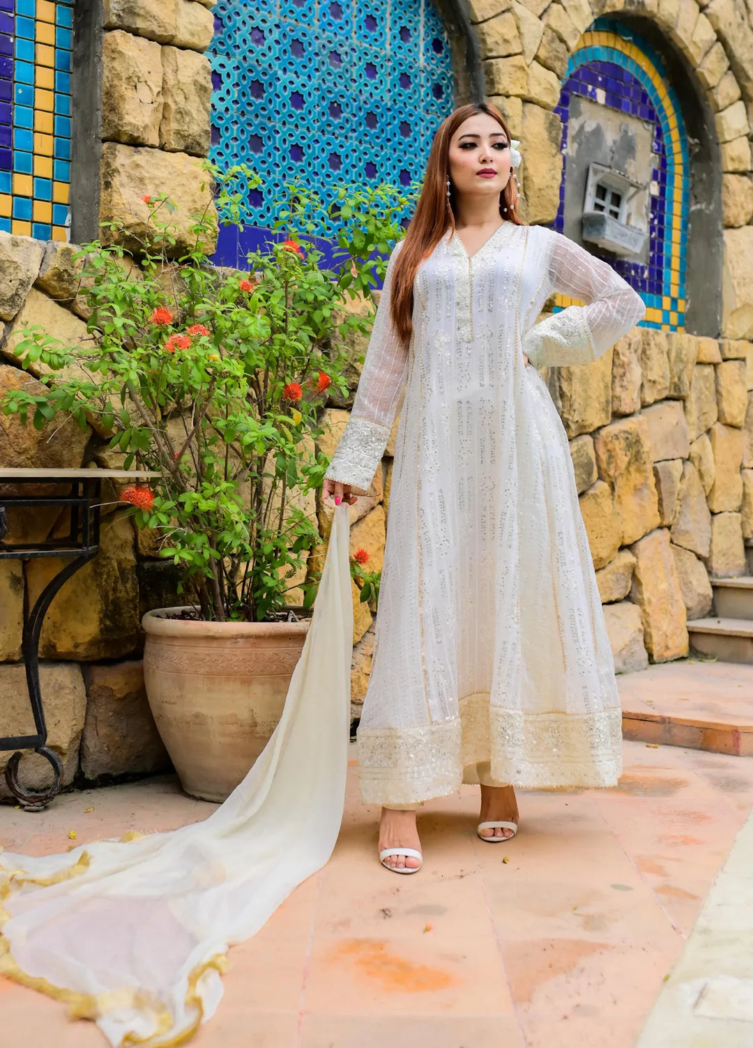 Mona Embroidery Pret Embroidered Chiffon 3 Piece Suit Cedar-Off-White