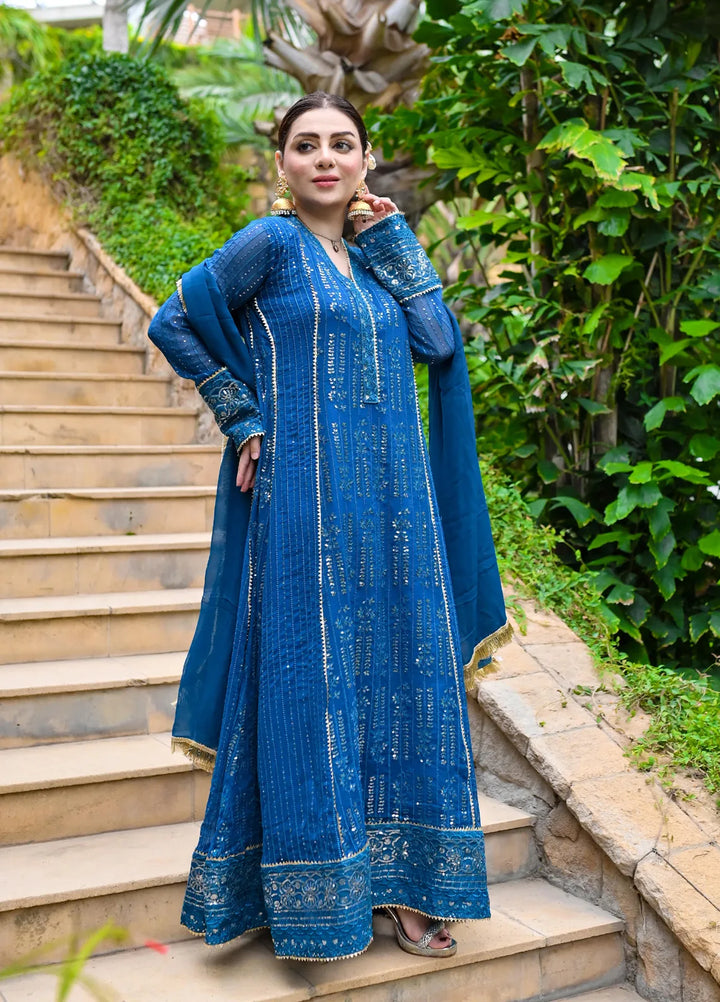 Mona Embroidery Pret Embroidered Chiffon 3 Piece Suit Cedar-Zinc-Blue