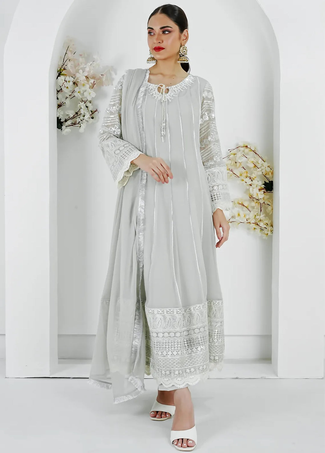 Mona Embroidery Pret Embroidered Chiffon 3 Piece Suit Crimson Glow-Grey