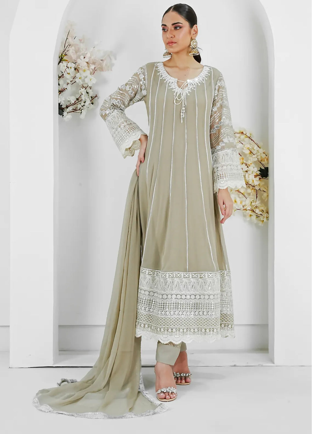 Mona Embroidery Pret Embroidered Chiffon 3 Piece Suit Crimson Glow-Light-Brown