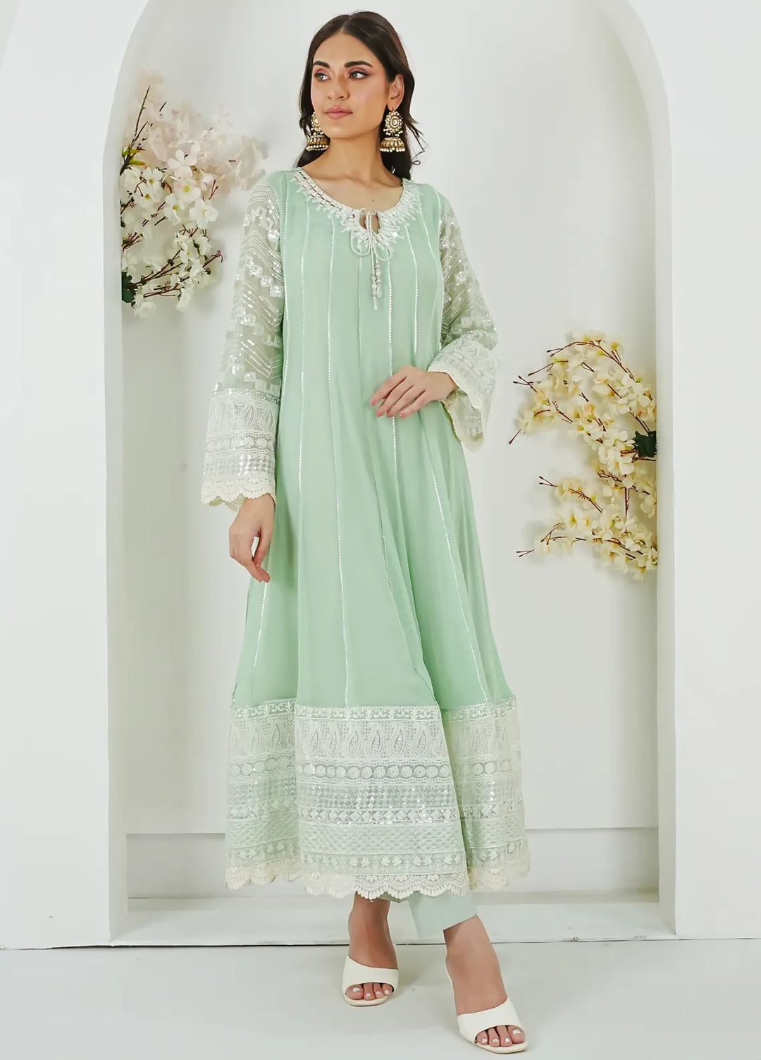 Mona Embroidery Pret Embroidered Chiffon 3 Piece Suit Crimson Glow-Mint-Green