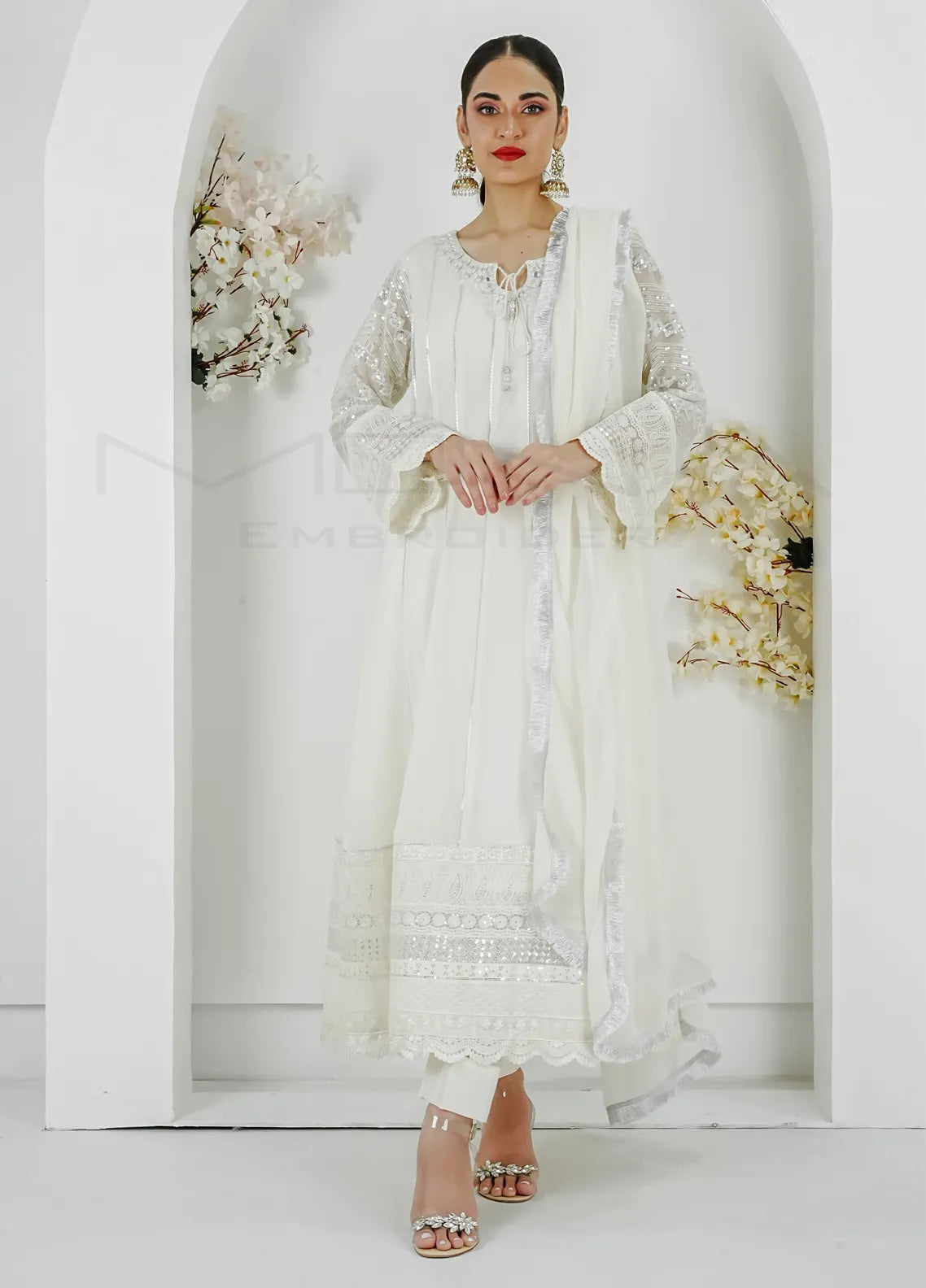 Mona Embroidery Pret Embroidered Chiffon 3 Piece Suit Aquamarine-Peach main image 0