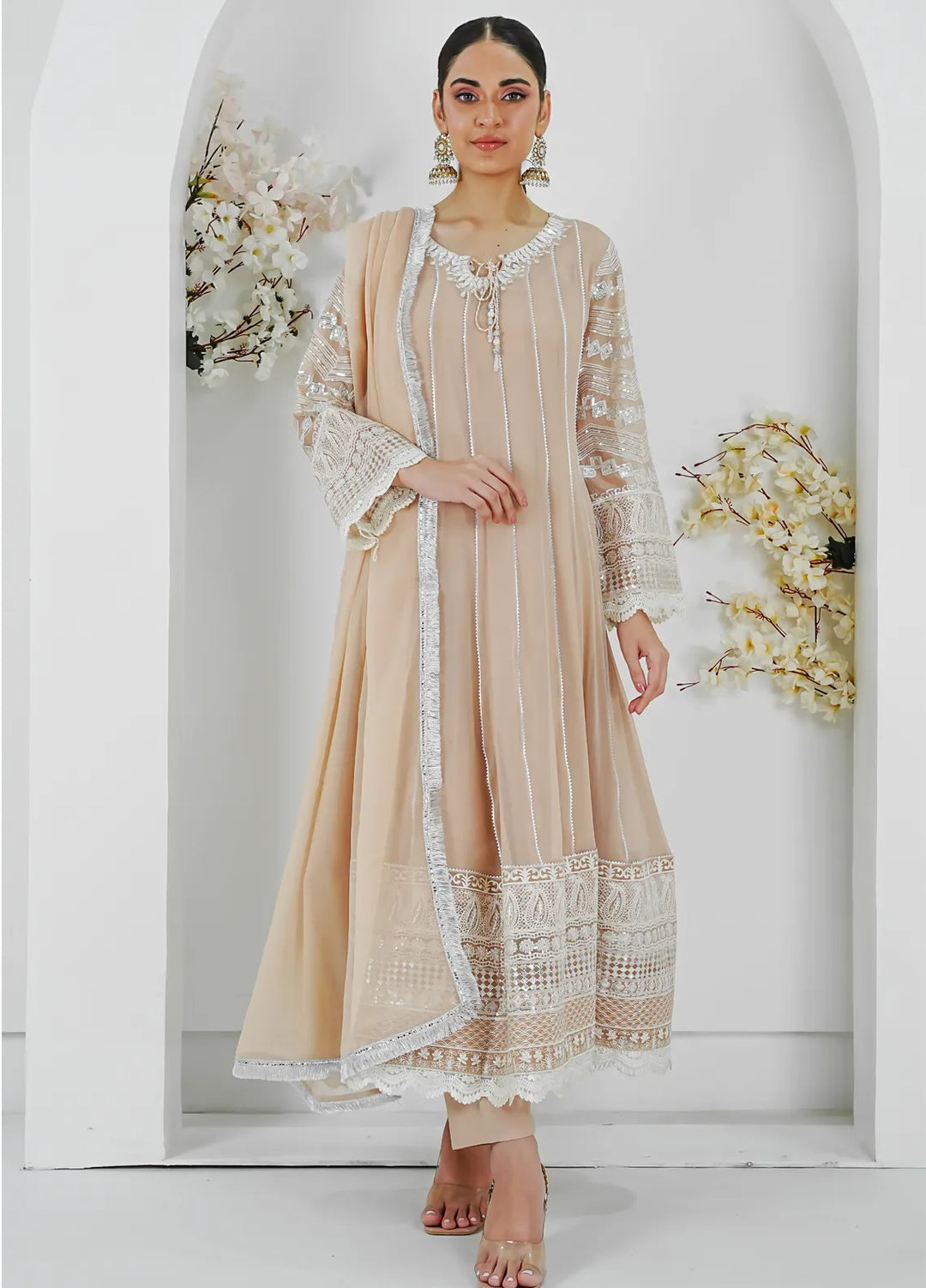 Mona Embroidery Pret Embroidered Chiffon 3 Piece Suit Crimson Glow-Peach