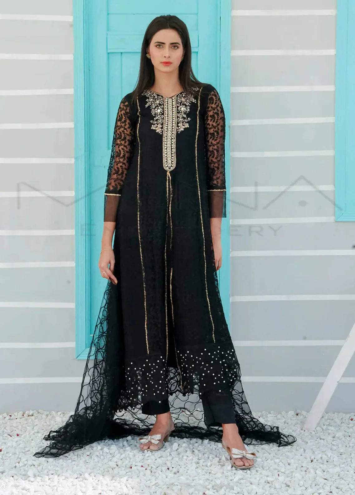 Mona Embroidery Pret Embroidered Chiffon 3 Piece Suit Aquamarine-Peach main image 1