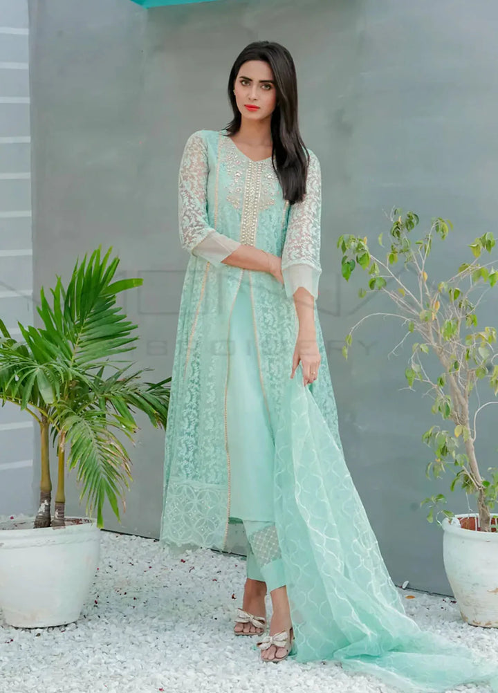 Mona Embroidery Pret Embroidered Chiffon 3 Piece Suit Delicate Drapes Mint Green