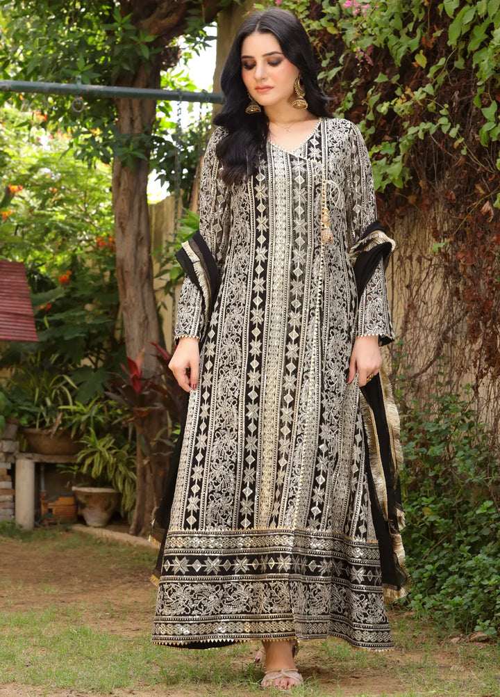Mona Embroidery Pret Embroidered Chiffon 3 Piece Suit Divine-Black