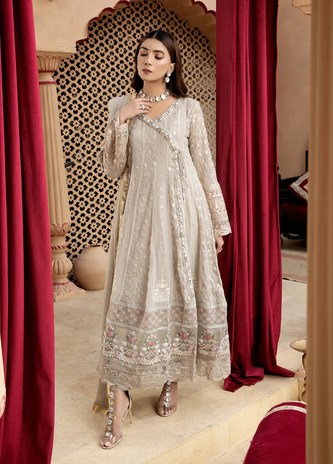 Mona Embroidery Pret Embroidered Chiffon 3 Piece Suit Majestic Allure-Lilac