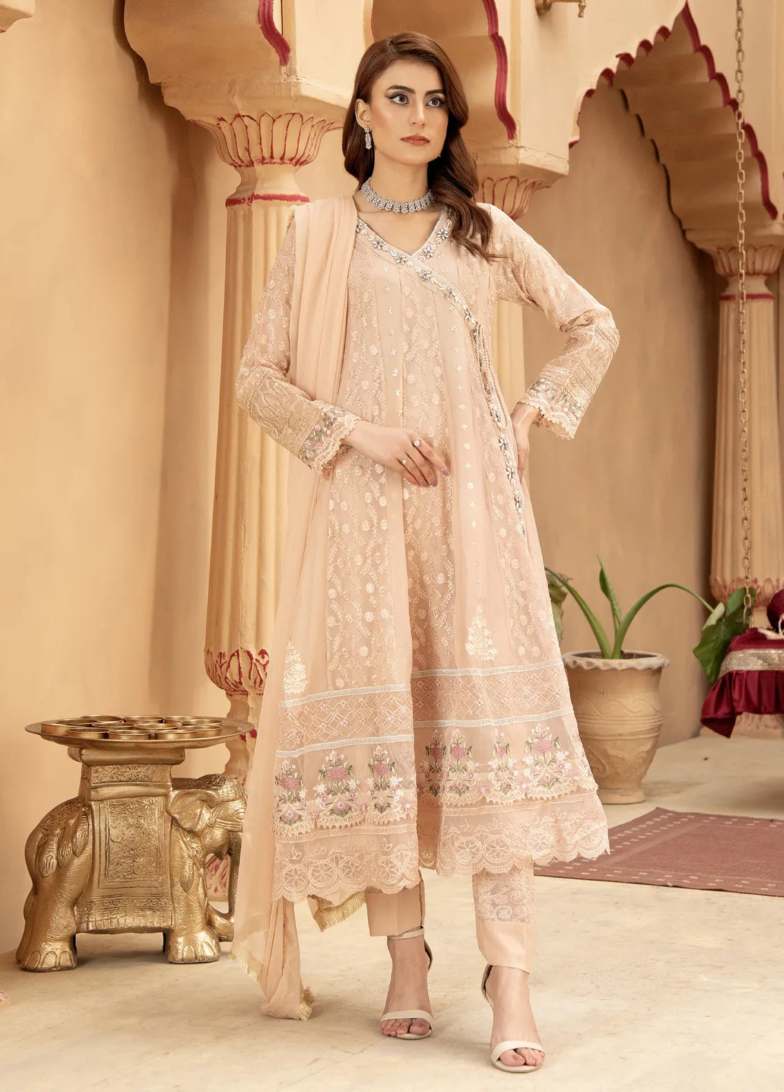 Mona Embroidery Pret Embroidered Chiffon 3 Piece Suit Divinedrape Angrakha-Mint-Green