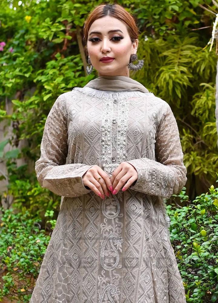 Mona Embroidery Pret Embroidered Chiffon 3 Piece Suit Dusty Affair-Light-Brown