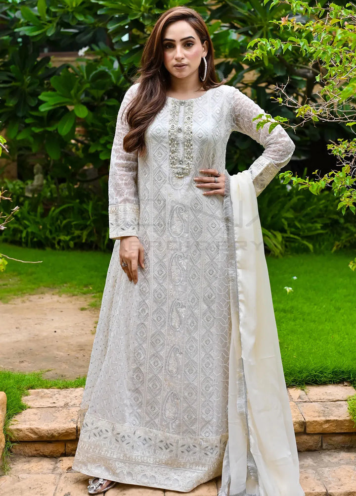 Mona Embroidery Pret Embroidered Chiffon 3 Piece Suit Dusty Affair-Off-White