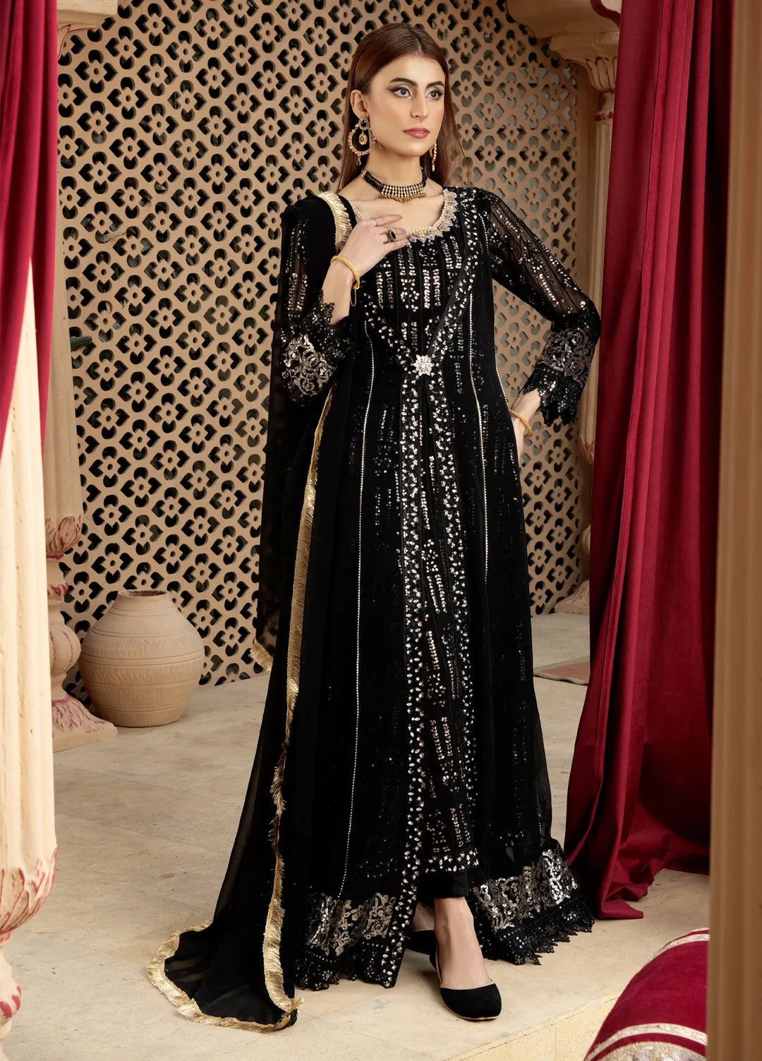 Mona Embroidery Pret Embroidered Chiffon 3 Piece Suit Enchante-Black