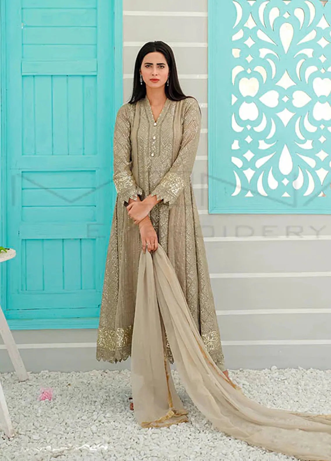 Mona Embroidery Pret Embroidered Chiffon 3 Piece Suit Divinedrape Angrakha-Off-White main image 1