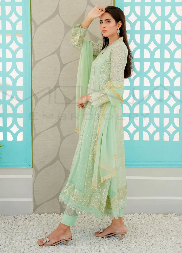 Mona Embroidery Pret Embroidered Chiffon 3 Piece Suit Ethereal Lace Mint Green