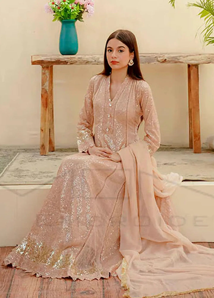 Mona Embroidery Pret Embroidered Chiffon 3 Piece Suit Ethereal Lace Peach
