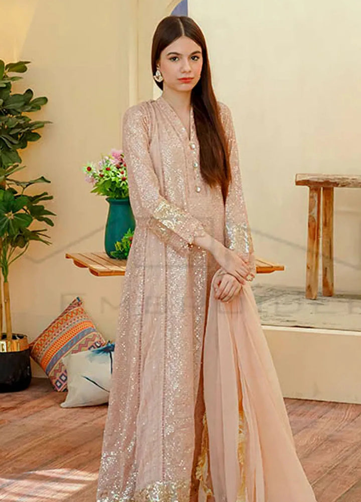 Mona Embroidery Pret Embroidered Chiffon 3 Piece Suit Ethereal Lace Peach