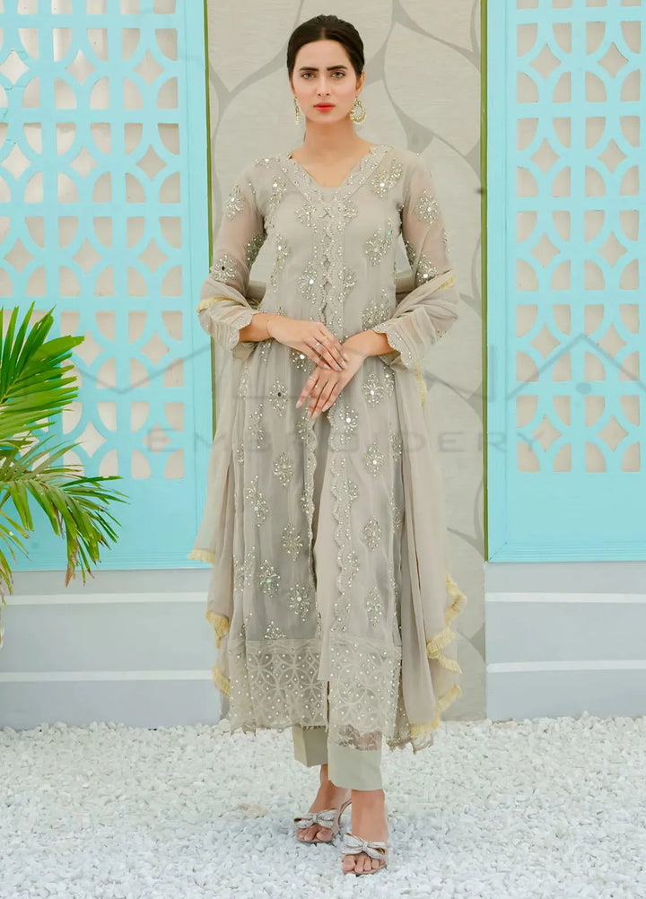 Mona Embroidery Pret Embroidered Chiffon 3 Piece Suit Ethereal Pearl-Camel