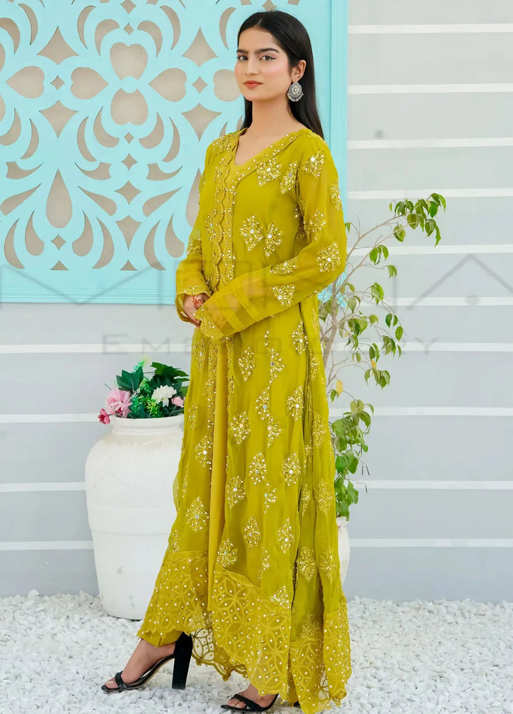 Mona Embroidery Pret Embroidered Chiffon 3 Piece Suit Ethereal Pearl-Olive