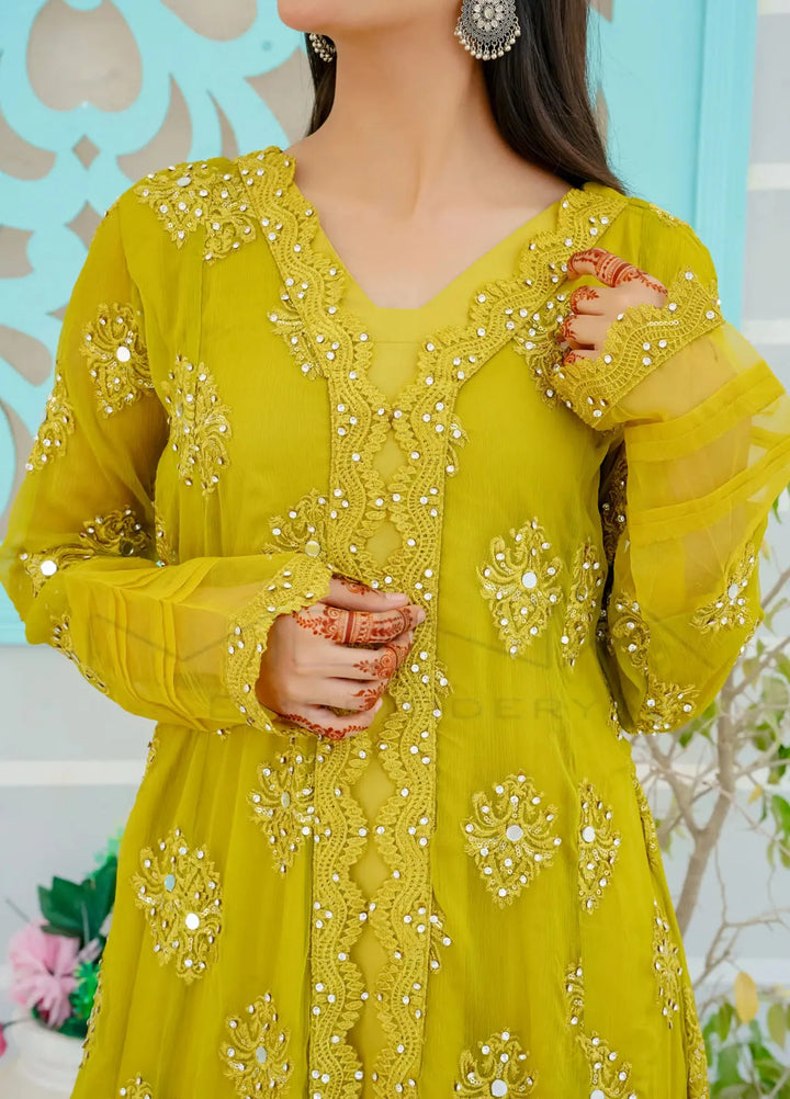 Mona Embroidery Pret Embroidered Chiffon 3 Piece Suit Ethereal Pearl-Olive