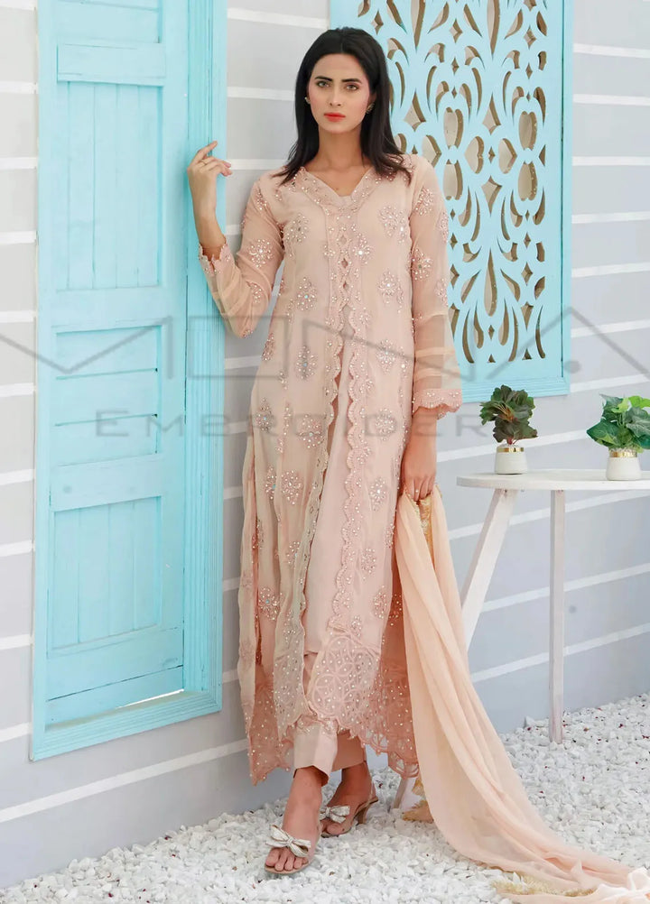 Mona Embroidery Pret Embroidered Chiffon 3 Piece Suit Ethereal Pearl-Peach