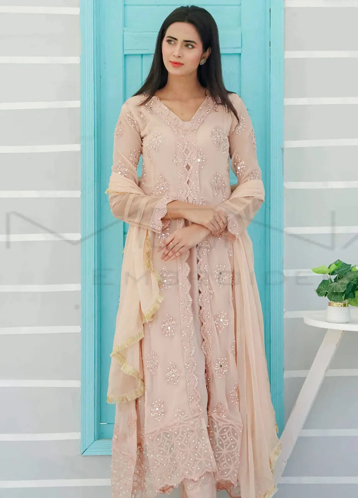 Mona Embroidery Pret Embroidered Chiffon 3 Piece Suit Ethereal Pearl-Peach