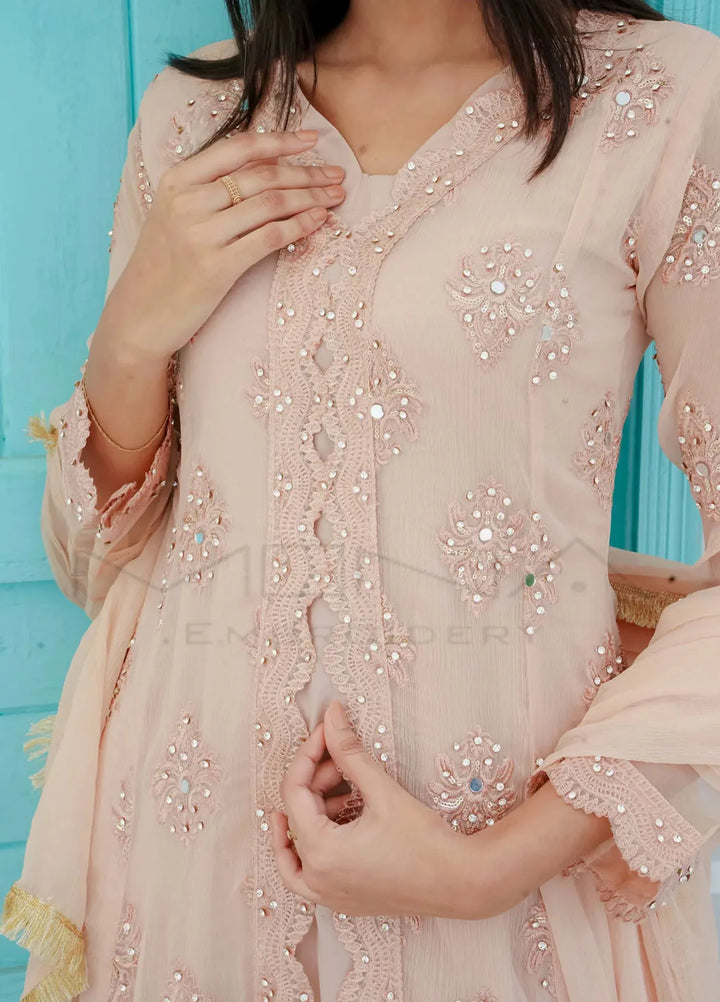 Mona Embroidery Pret Embroidered Chiffon 3 Piece Suit Ethereal Pearl-Peach