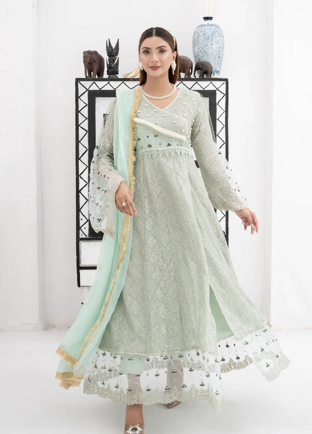 Mona Embroidery Pret Embroidered Chiffon 3 Piece Suit Majestic Allure-Mint-Green