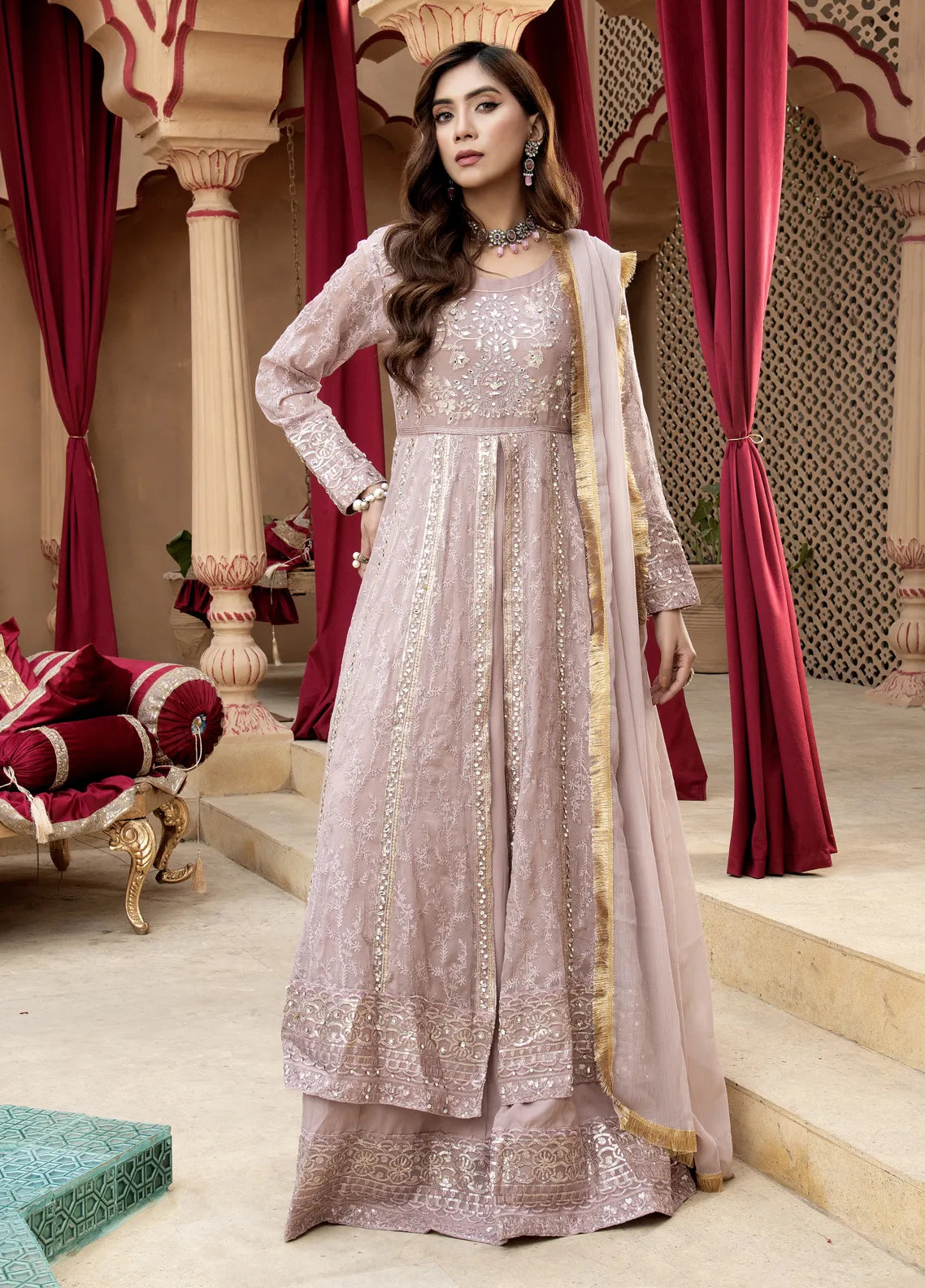 Mona Embroidery Pret Embroidered Chiffon 3 Piece Suit Serene-Peach