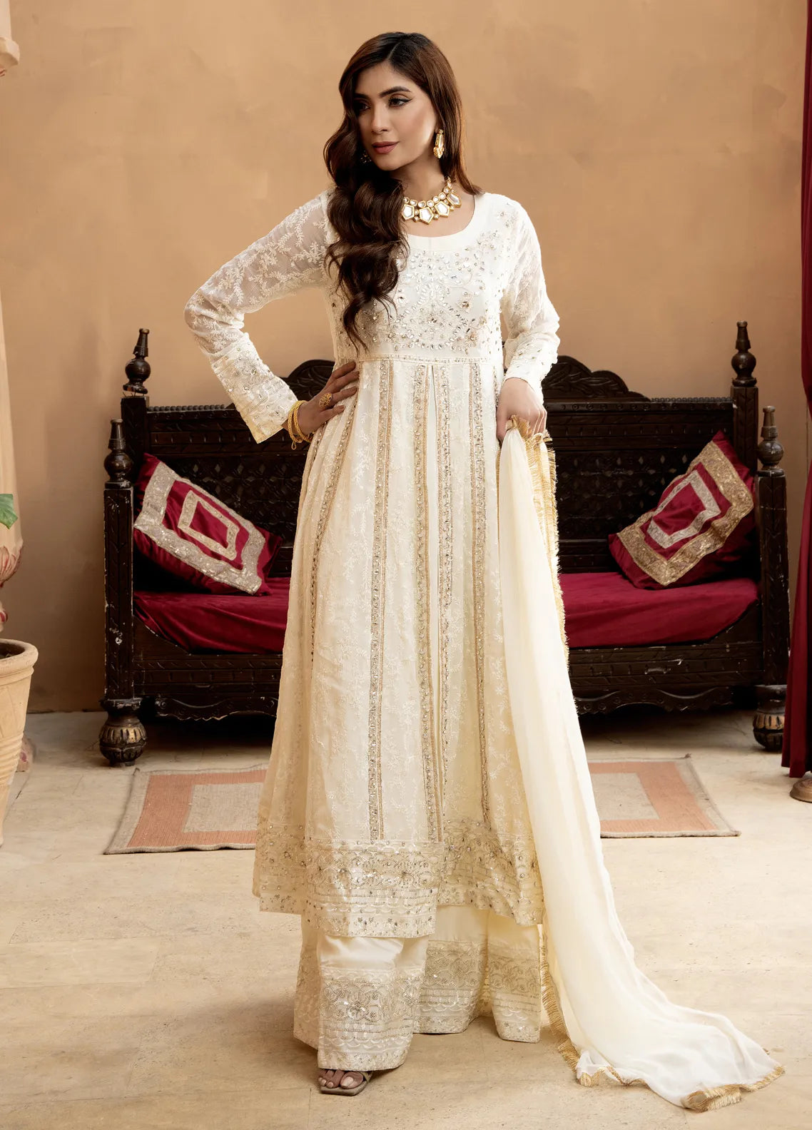 Mona Embroidery Pret Embroidered Chiffon 3 Piece Suit Divinedrape Angrakha-Light-Brown