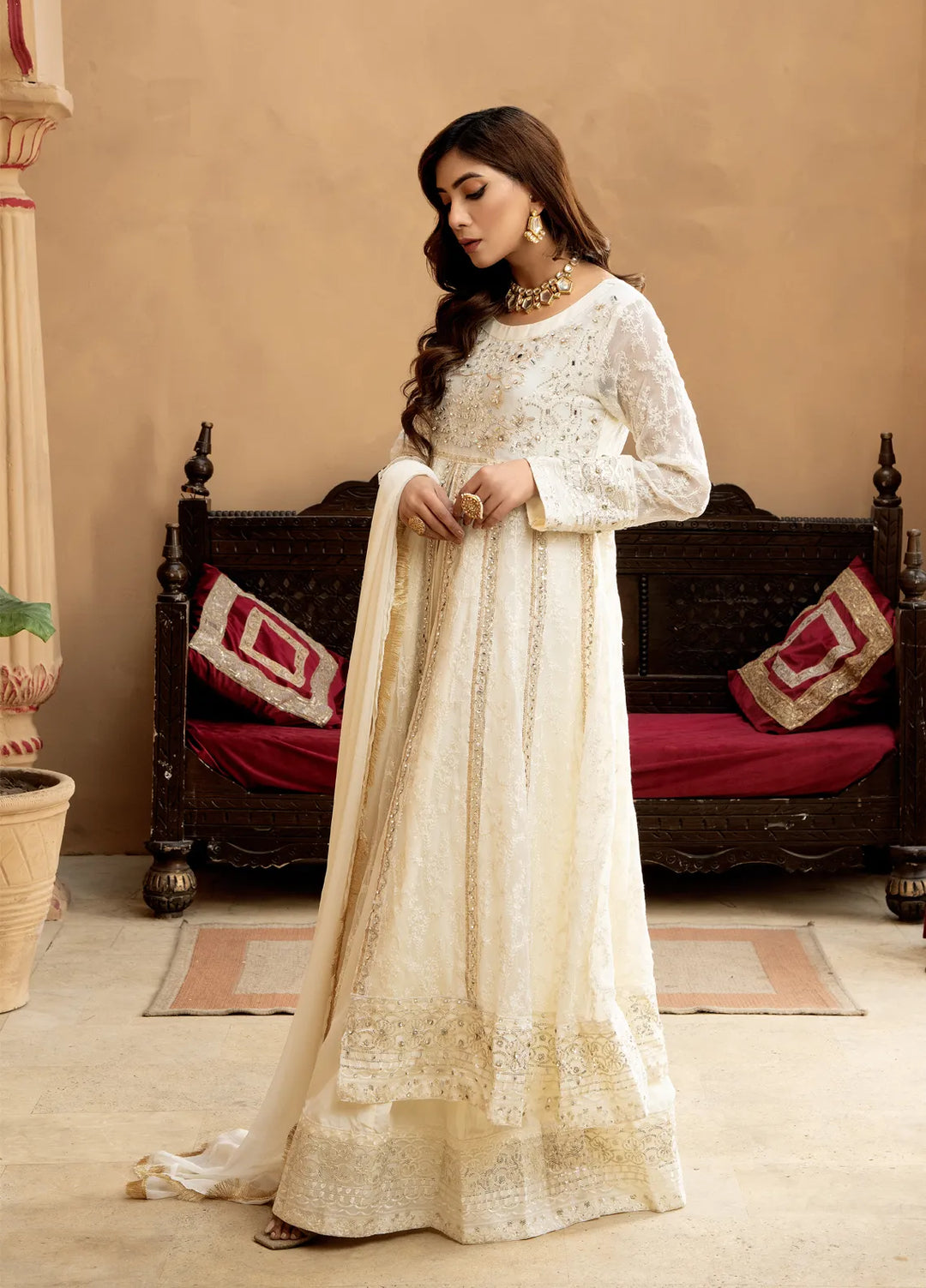 Mona Embroidery Pret Embroidered Chiffon 3 Piece Suit Serene-Off-White