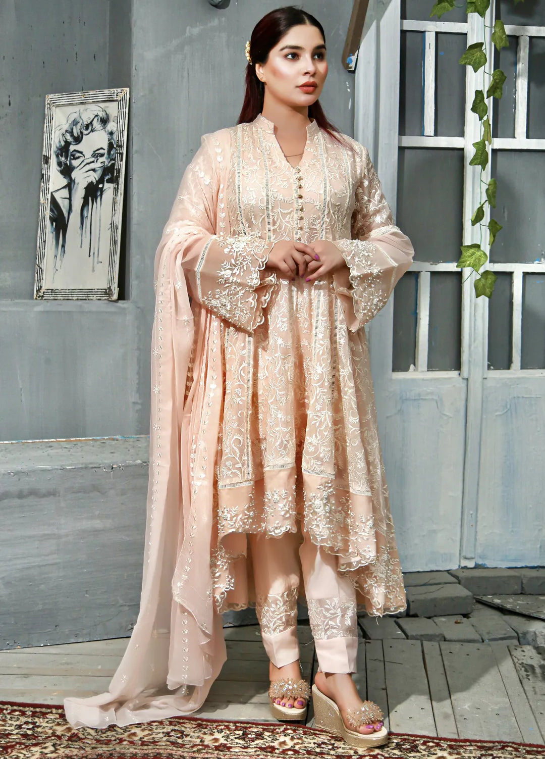 Mona Embroidery Pret Embroidered Chiffon 3 Piece Suit Shale-Peach