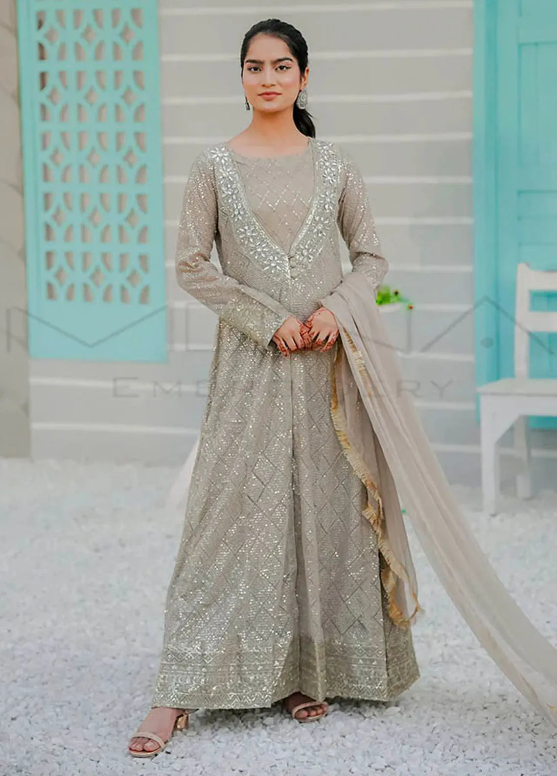 Mona Embroidery Pret Embroidered Chiffon 3 Piece Suit Melanie-Mint-Green