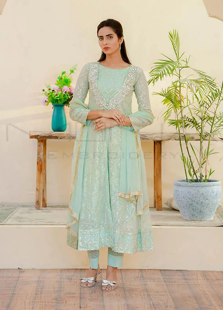 Mona Embroidery Pret Embroidered Chiffon 3 Piece Suit Silhouette Elegance Mint Green
