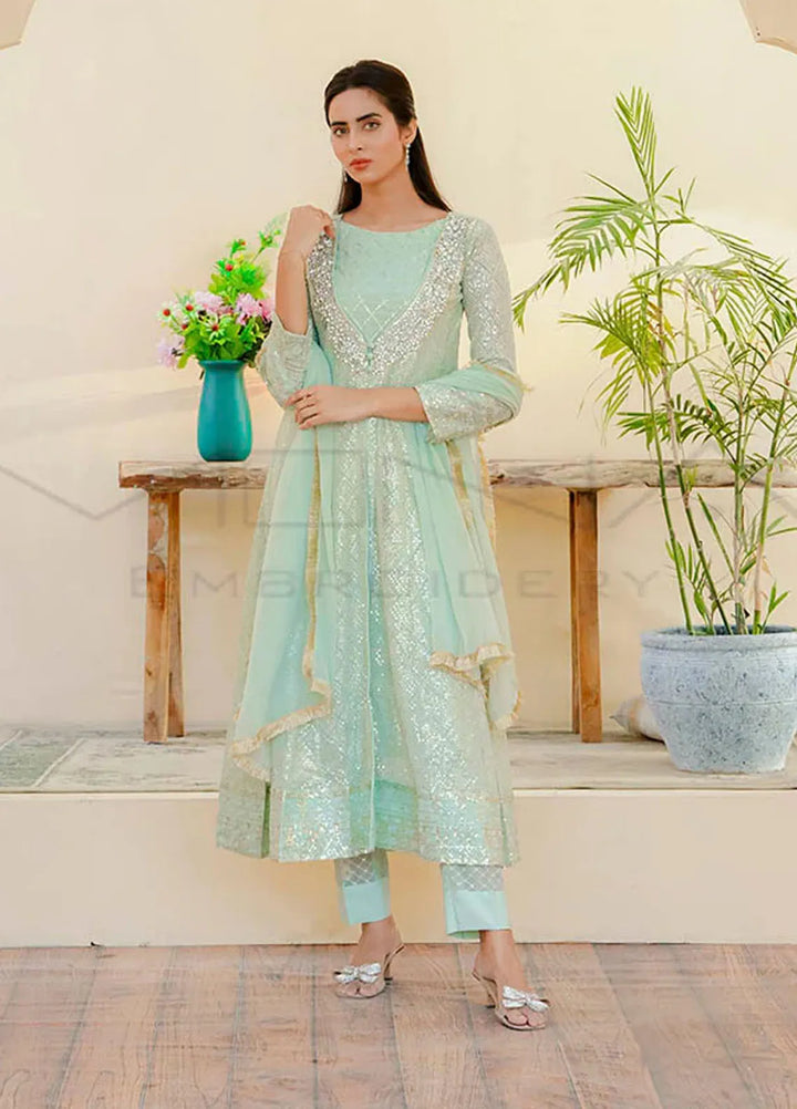 Mona Embroidery Pret Embroidered Chiffon 3 Piece Suit Silhouette Elegance Mint Green