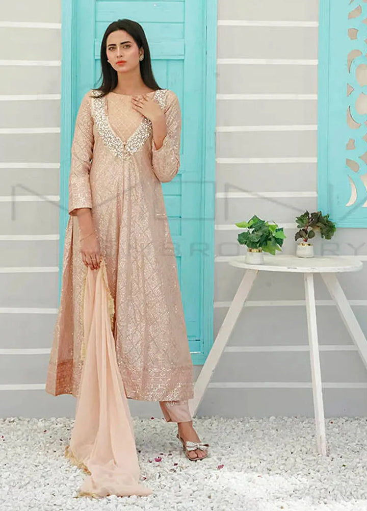 Mona Embroidery Pret Embroidered Chiffon 3 Piece Suit Silhouette Elegance Peach