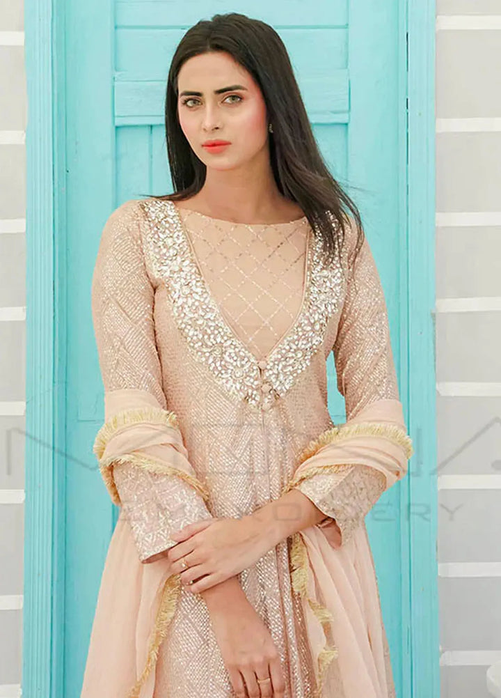 Mona Embroidery Pret Embroidered Chiffon 3 Piece Suit Silhouette Elegance Peach