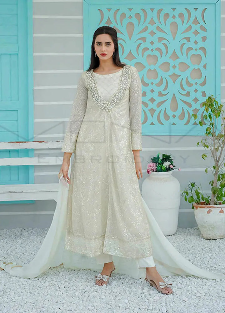 Mona Embroidery Pret Embroidered Chiffon 3 Piece Suit Silhouette Elegance White