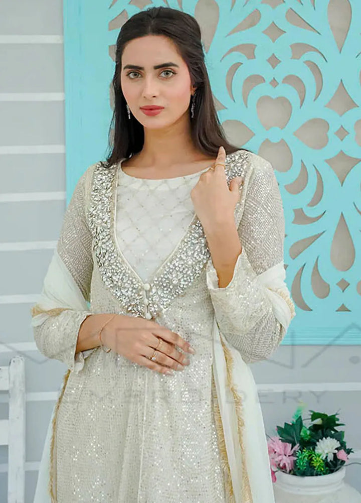 Mona Embroidery Pret Embroidered Chiffon 3 Piece Suit Silhouette Elegance White