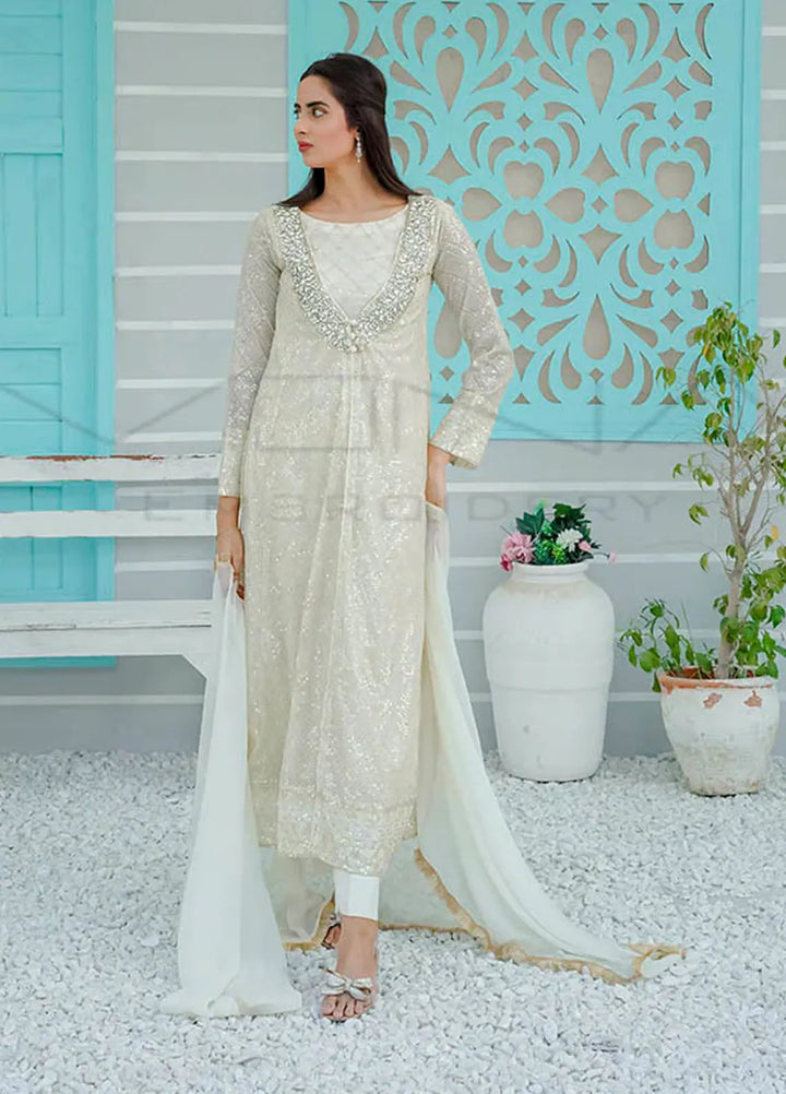 Mona Embroidery Pret Embroidered Chiffon 3 Piece Suit Silhouette Elegance White