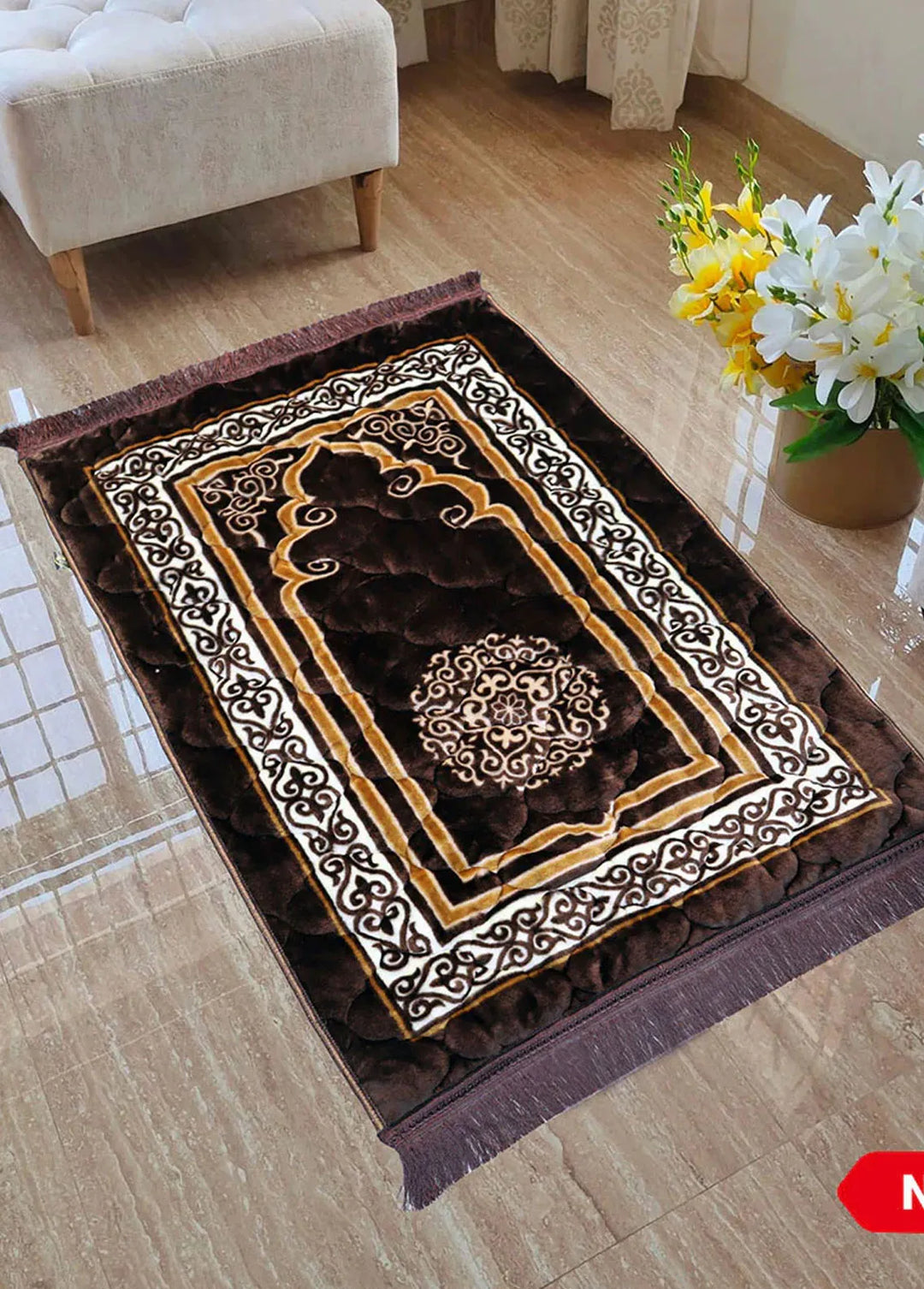 Plush Mink Mughal Janamaz Printed Prayer Mat- Chestnut Brown