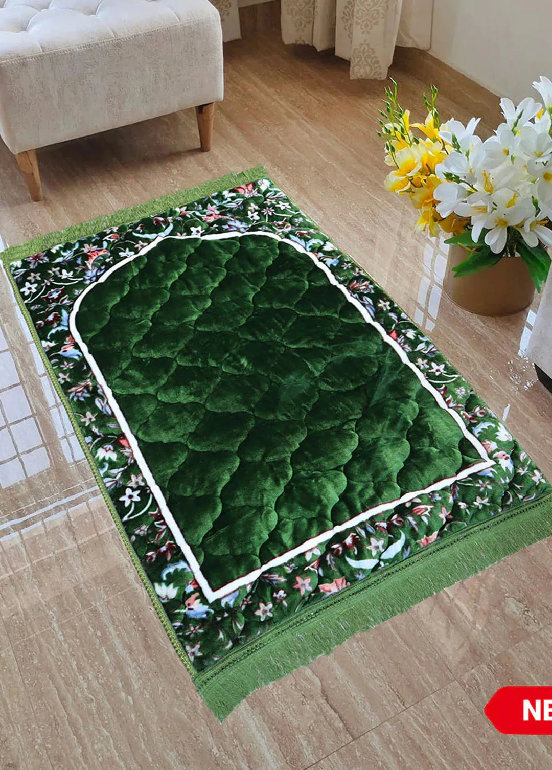 Plush Mink Mughal Janamaz Printed Prayer Mat- Evergreen