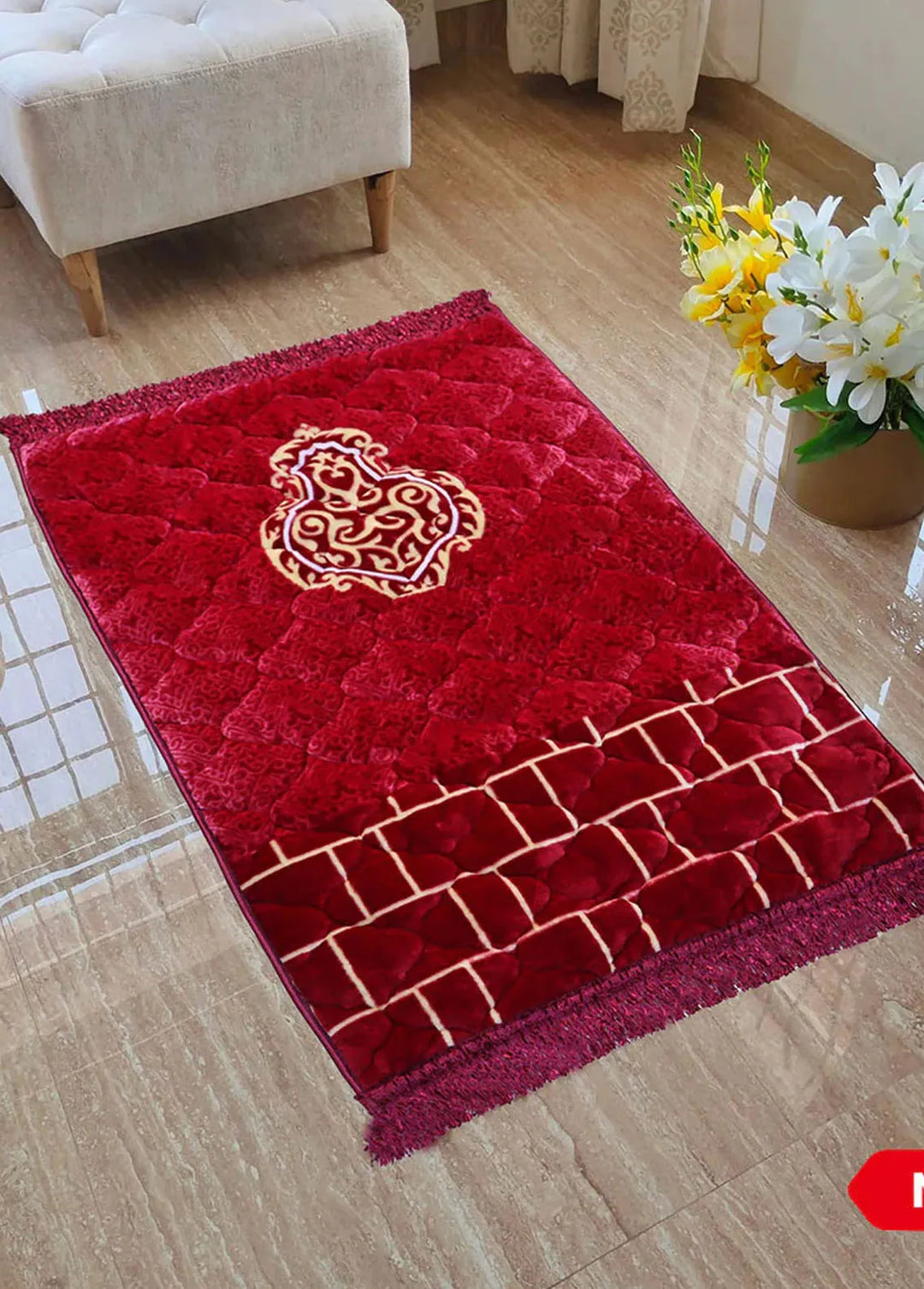 Plush Mink Mughal Janamaz Printed Prayer Mat- Qibla Maroon