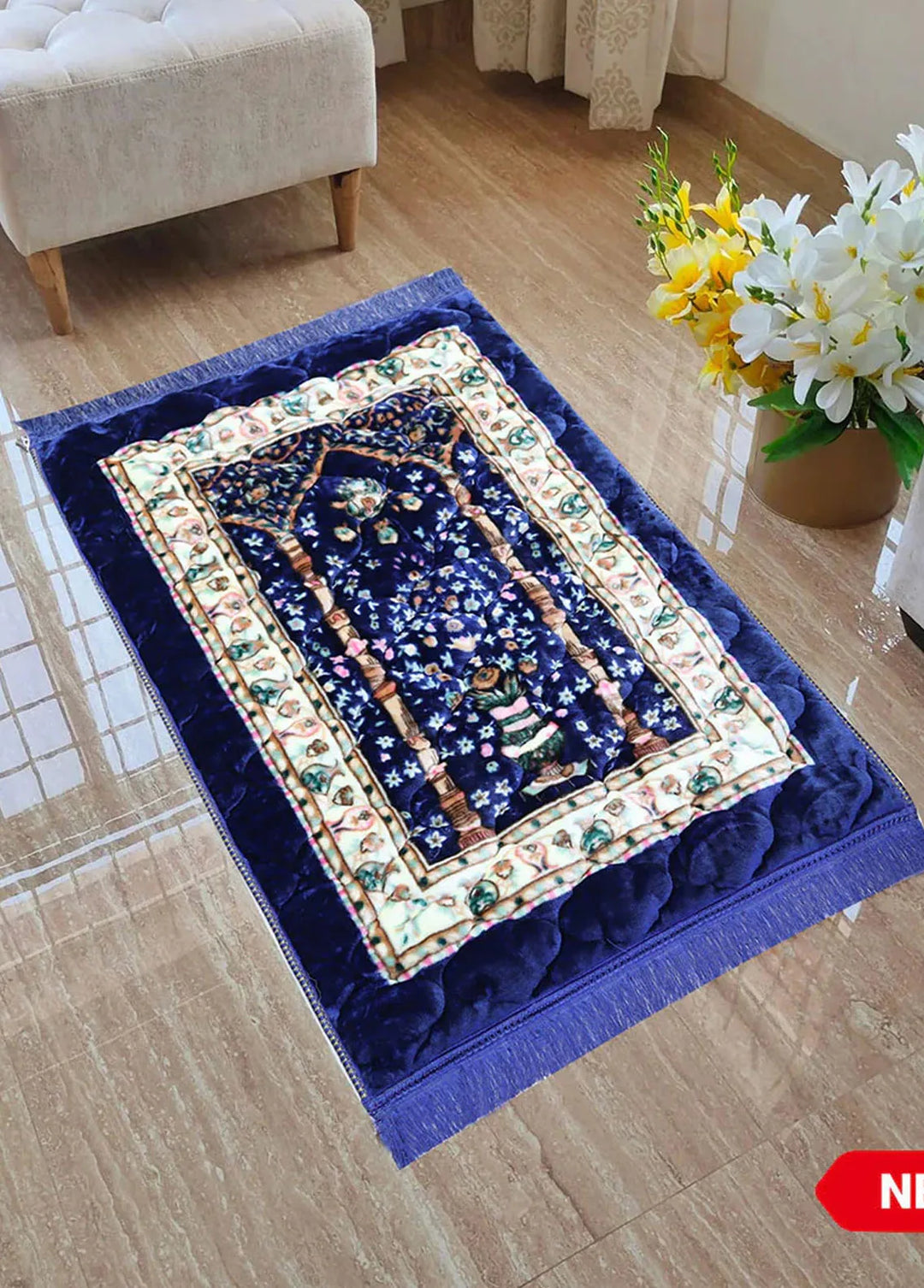 Plush Mink Mughal Janamaz Printed Prayer Mat- Royal Blue